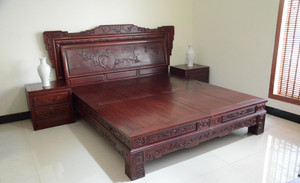 红木家具 厂家直销 酸枝木卧室家具三件套 檀雕财源大床